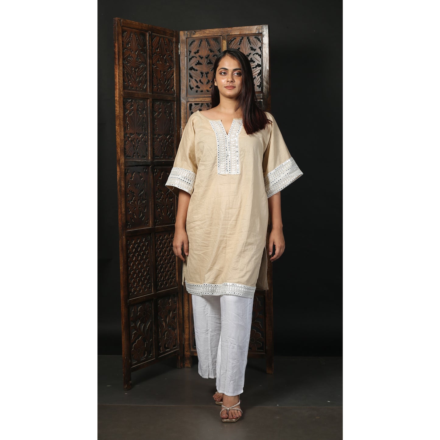 Elegant Beige Kurti with Intricate White Lace Detailing