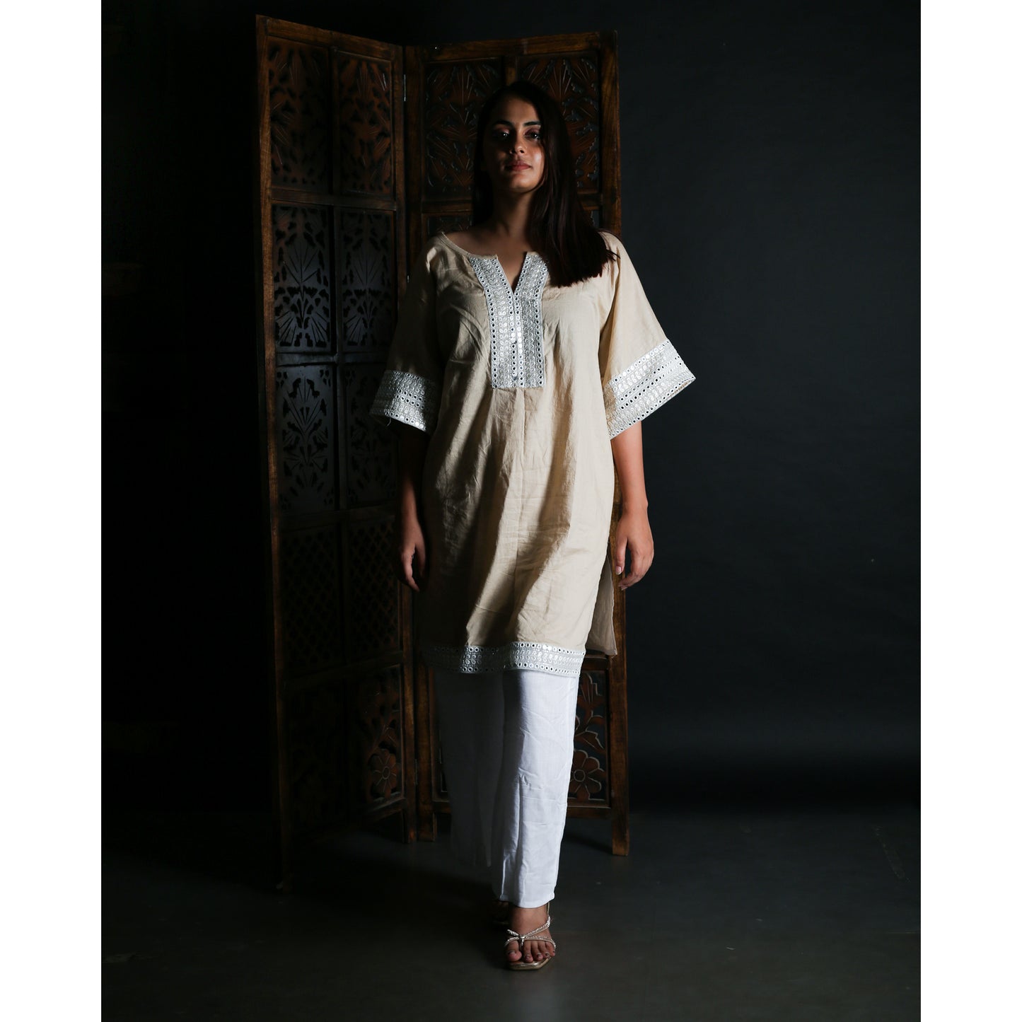 Elegant Beige Kurti with Intricate White Lace Detailing