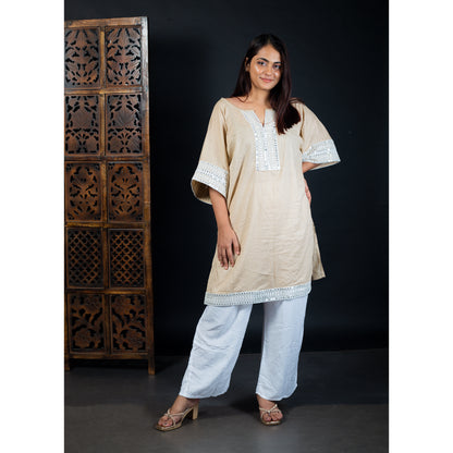 Elegant Beige Kurti with Intricate White Lace Detailing