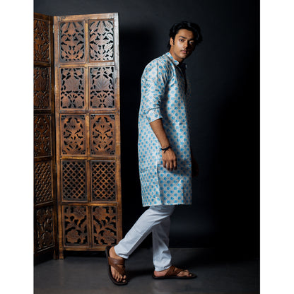 Sky Blue Block Printed Kurta - Contemporary Men's Ethnic Wear