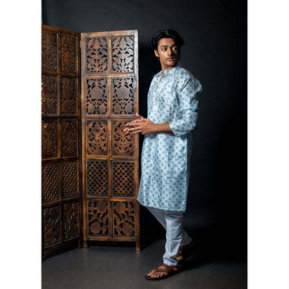 Sky Blue Block Printed Kurta - Contemporary Men's Ethnic Wear