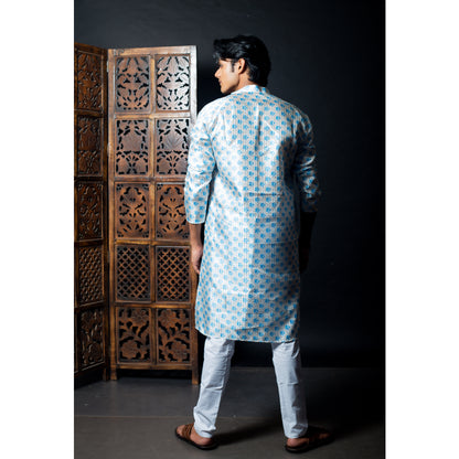 Sky Blue Block Printed Kurta - Contemporary Men's Ethnic Wear