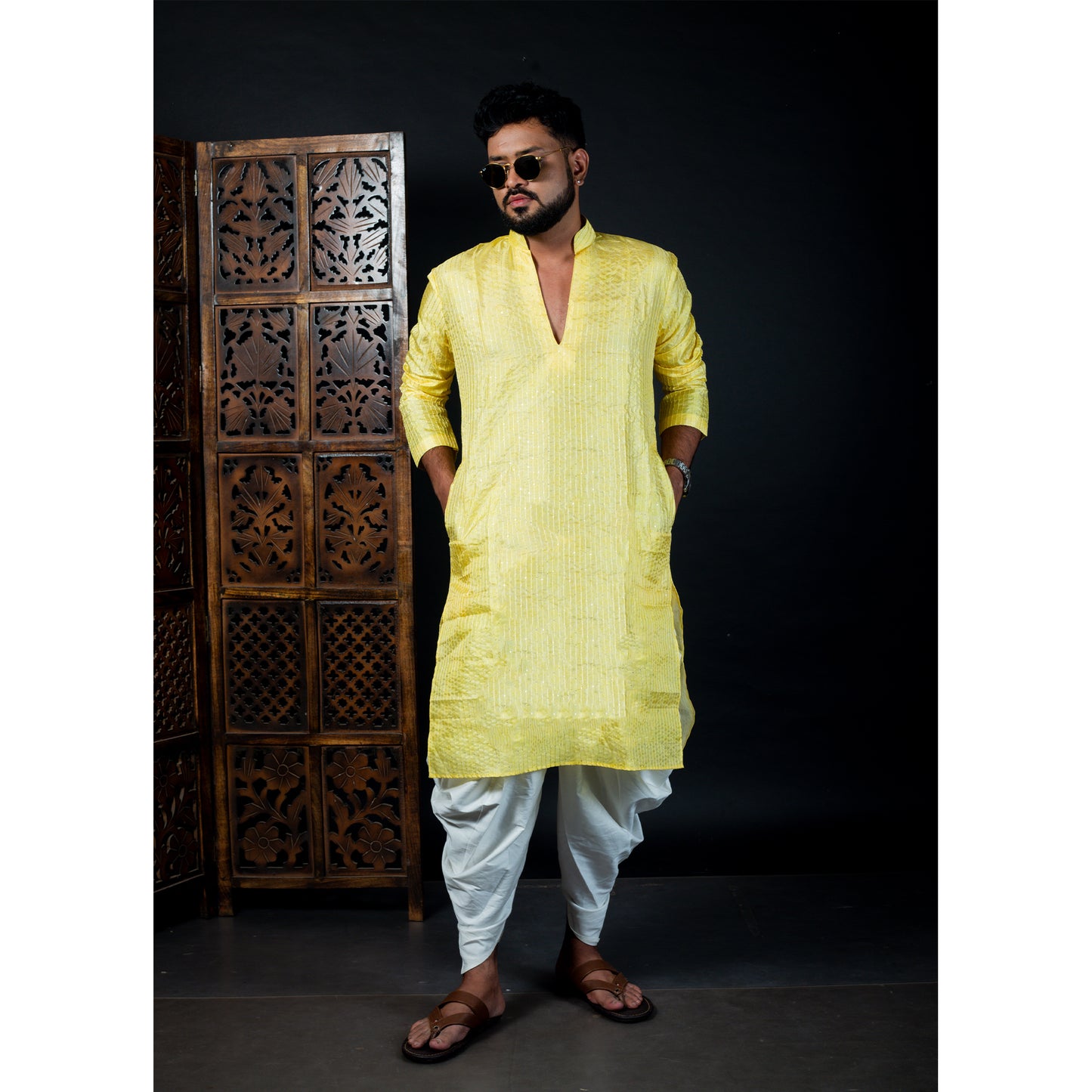 Elegant Yellow Kurta for Men with v-cut neck