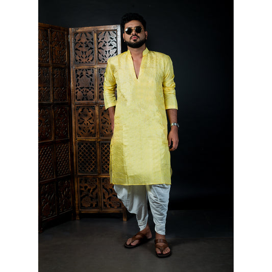 Elegant Yellow Kurta for Men with v-cut neck