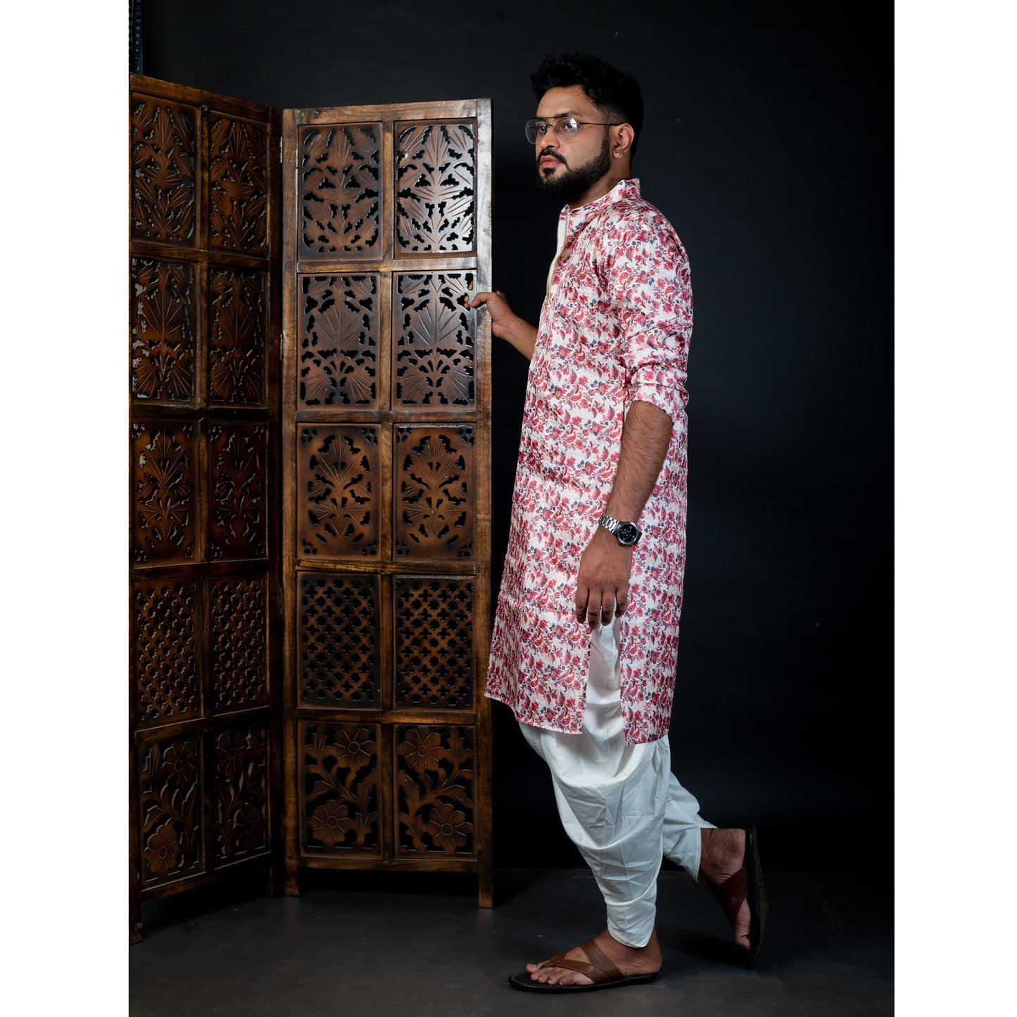 White Kurta with Red Floral Design