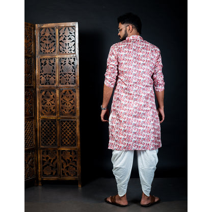 White Kurta with Red Floral Design