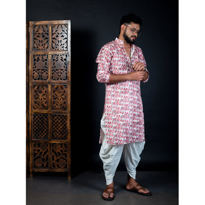 White Kurta with Red Floral Design