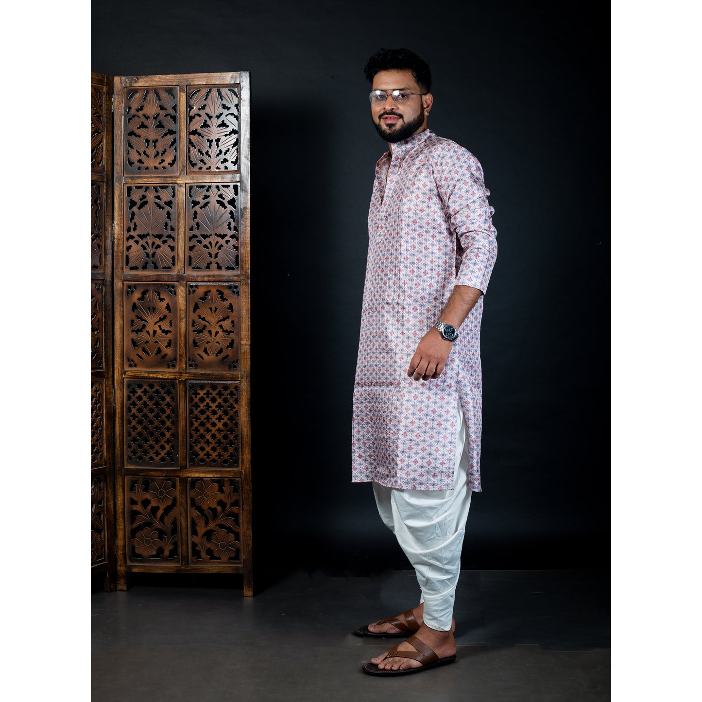 Pink and blue diamond shape printed silverish white kurta- Modern Ethnic Comfort Wear