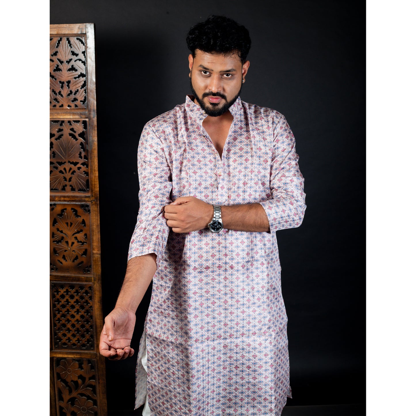 Pink and blue diamond shape printed silverish white kurta- Modern Ethnic Comfort Wear