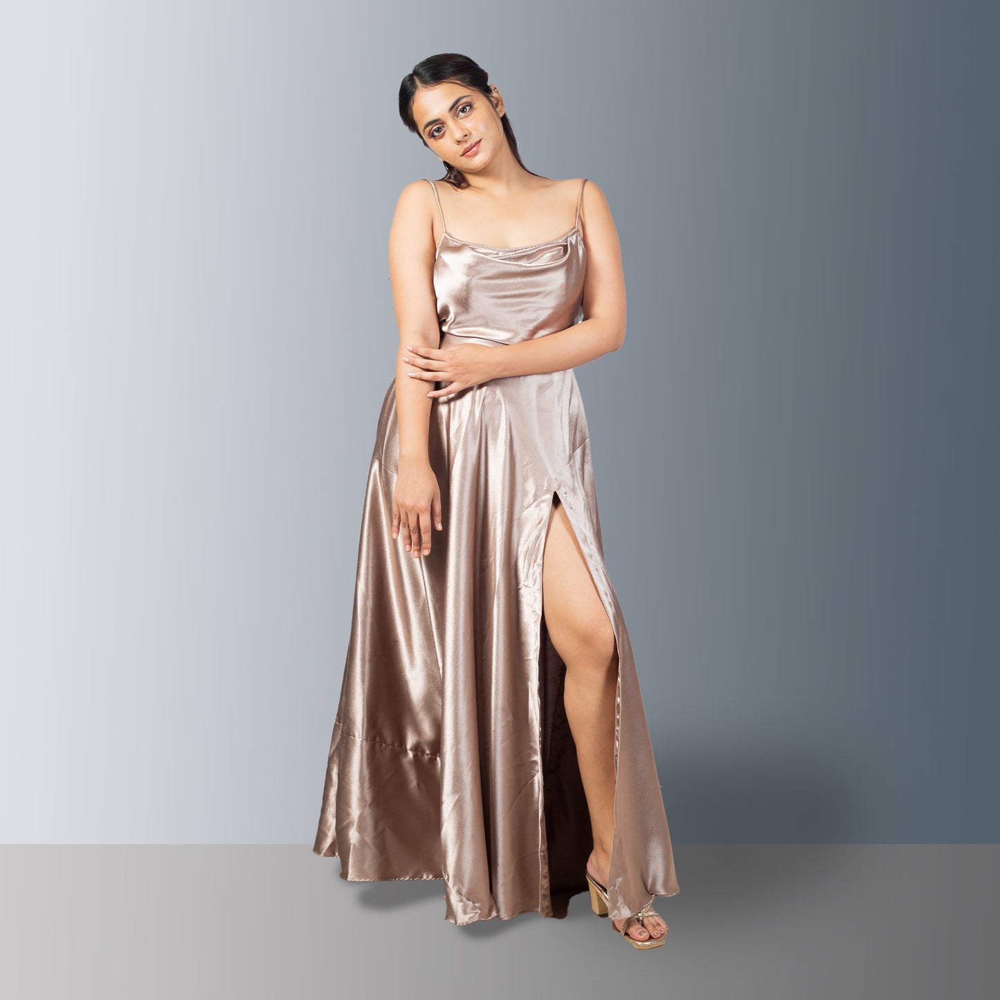 Glamorous Satin Evening Gown with Thigh-High Slit